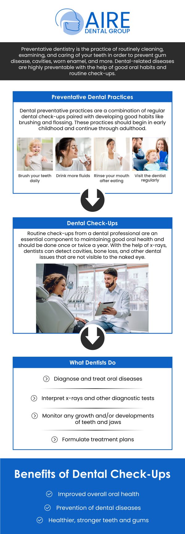 Preventative dental care focuses on routine exams, professional cleanings, digital X-rays, and early detection of oral health issues before they become serious. Regular preventative visits help reduce the risk of cavities, gum disease, and costly restorative treatments over time. According to Dr. Nader Amiran, DMD at AIRE Dental Group, preventative dentistry is the foundation of lifelong oral health and overall well-being. For more information, contact us or request an appointment online. We are conveniently located at 6224 Main St suite c, Downers Grove, IL 60516. Preventative dental care focuses on routine exams, professional cleanings, digital X-rays, and early detection of oral health issues before they become serious. Regular preventative visits help reduce the risk of cavities, gum disease, and costly restorative treatments over time. According to Dr. Nader Amiran, DMD at AIRE Dental Group, preventative dentistry is the foundation of lifelong oral health and overall well-being. For more information, contact us or request an appointment online. We are conveniently located at 6224 Main St suite c, Downers Grove, IL 60516.