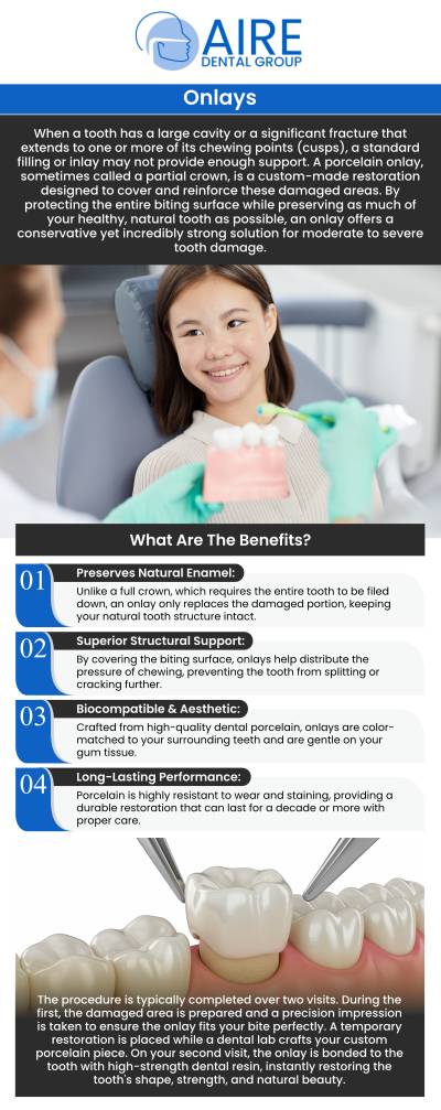 Dental onlays is a conservative restorative option used to repair teeth that are damaged but still have enough healthy structure to be preserved. At Aire Dental in Downers Grove, IL, Dr. Nader Amiran, DMD, provides custom dental onlays designed to strengthen teeth while maintaining their natural appearance. This approach focuses on protecting your tooth without removing more structure than necessary. Many patients choose onlays because they offer durability while helping maintain long-term oral health. For more information, contact us or request an appointment online. We are conveniently located at 6224 Main St Suite C, Downers Grove, IL 60516.