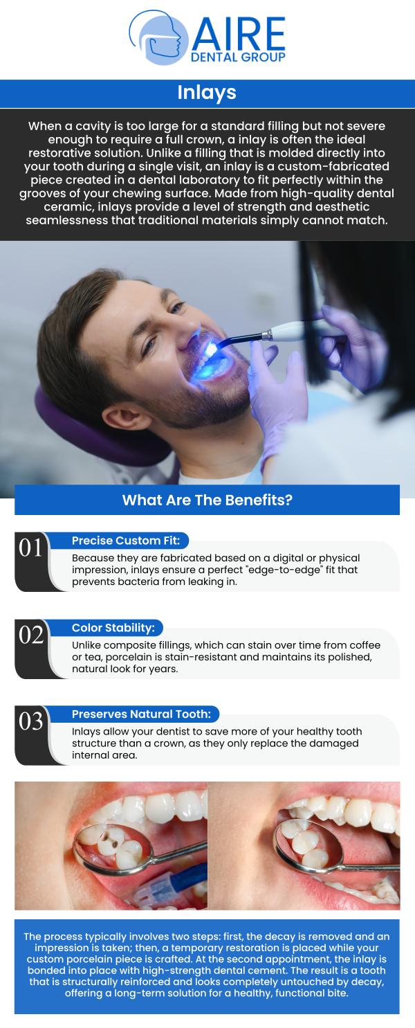 Dental inlays are a conservative and durable option for restoring teeth that have moderate damage or decay. At Aire Dental in Downers Grove, IL, Dr. Nader Amiran, DMD, provides customized dental inlays designed to restore strength, function, and appearance while preserving as much natural tooth structure as possible. Aire Dental focuses on personalized restorative care and uses modern dental techniques to help patients maintain long-term oral health and comfort. For more information, contact us or request an appointment online. We are conveniently located at 6224 Main St Suite C, Downers Grove, IL 60516.