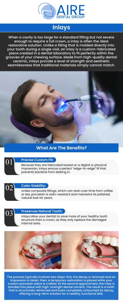 Dental inlays are a conservative and durable option for restoring teeth that have moderate damage or decay. At Aire Dental in Downers Grove, IL, Dr. Nader Amiran, DMD, provides customized dental inlays designed to restore strength, function, and appearance while preserving as much natural tooth structure as possible. Aire Dental focuses on personalized restorative care and uses modern dental techniques to help patients maintain long-term oral health and comfort. For more information, contact us or request an appointment online. We are conveniently located at 6224 Main St Suite C, Downers Grove, IL 60516.