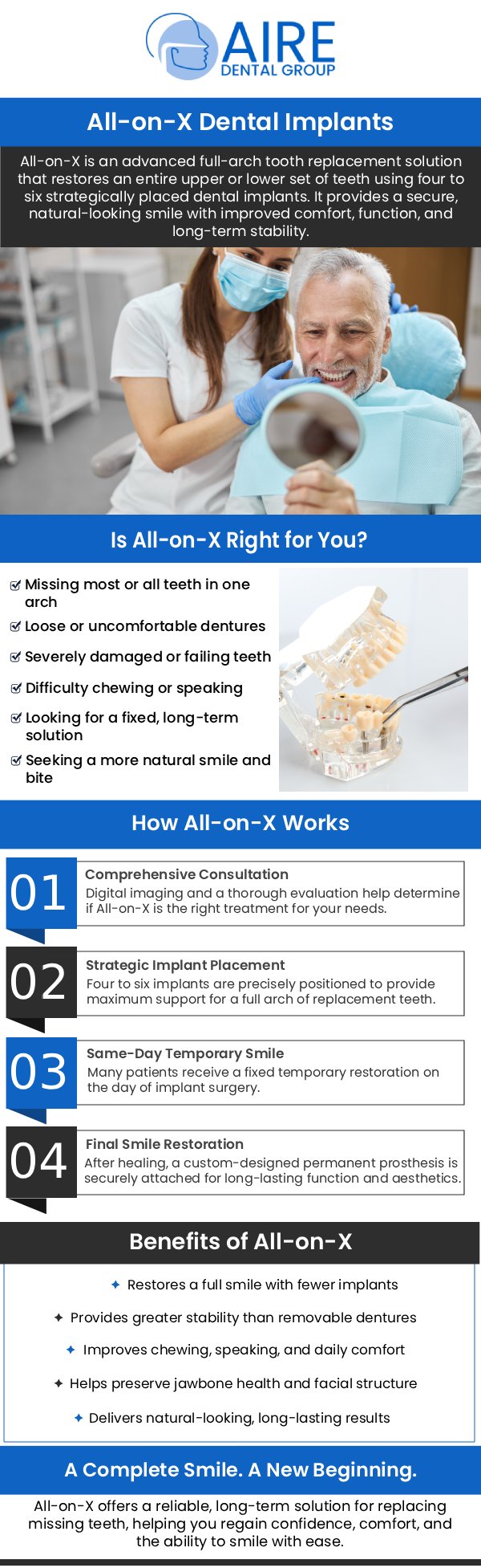 At Aire Dental Group, our team specializes in All-on-X dental implants, a life-changing solution for patients missing an entire arch of teeth. This technique allows us to provide a complete, stable, and beautiful smile using just a few implants, often in a single day. Dr. Nader Amiran DMD and his team is committed to helping you regain full confidence in your smile. For more information, contact us or request an appointment online. We are conveniently located at 6224 Main St suite c, Downers Grove, IL 60516.
